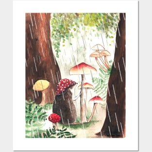 Hedgehog With Toadstool Hat On A Rainy Day Posters and Art